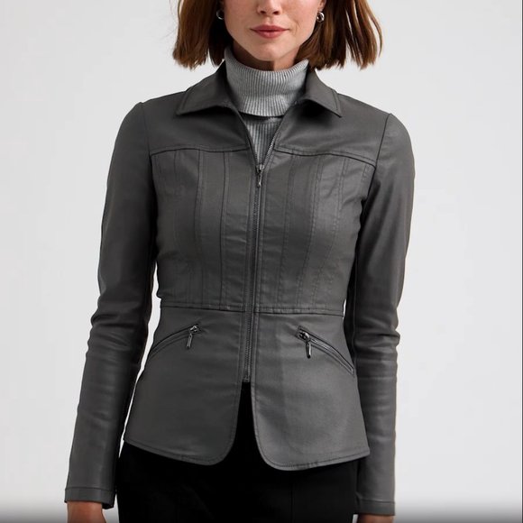 WHBM WASHABLE! Seamed Coated Denim Moto Jacket Leather Look Stretchy Moonwalk 14 - Picture 6 of 12